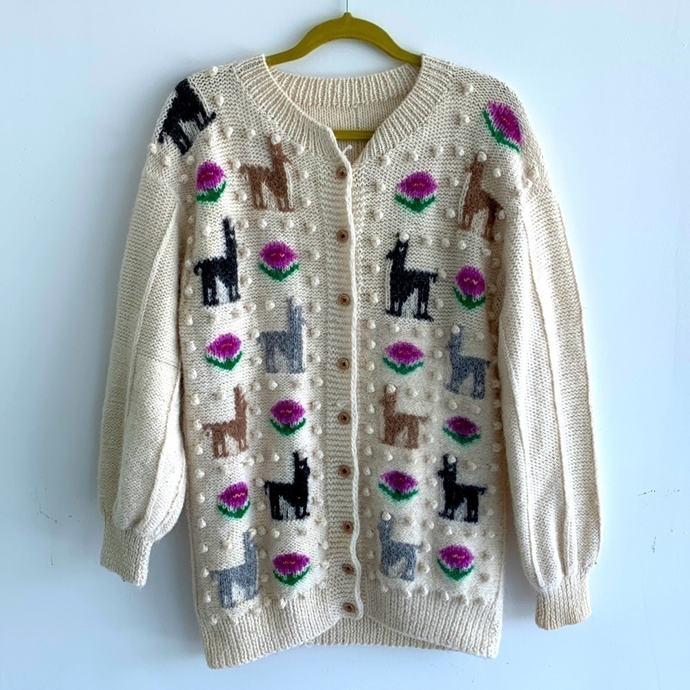 Hand Made Peruvian Alpaca long cardigan sweater, size Large